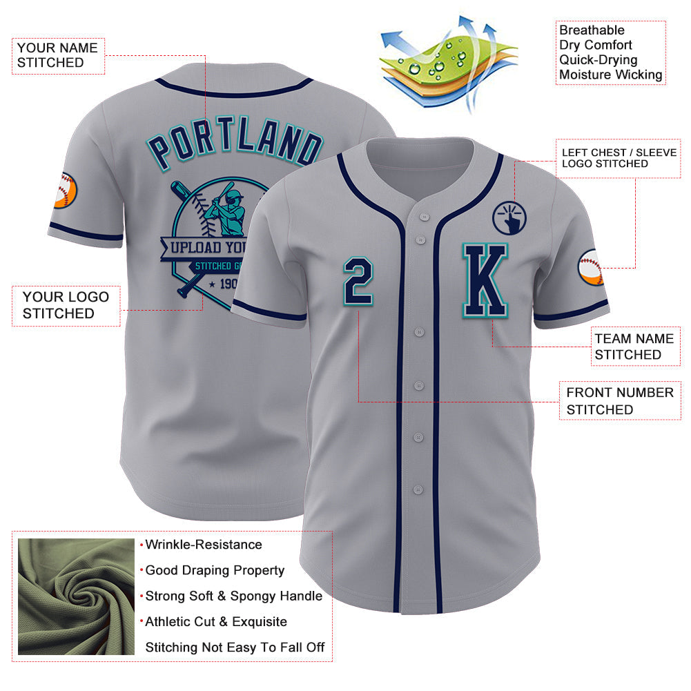 Custom Gray Navy-Teal Authentic Baseball Jersey view 6