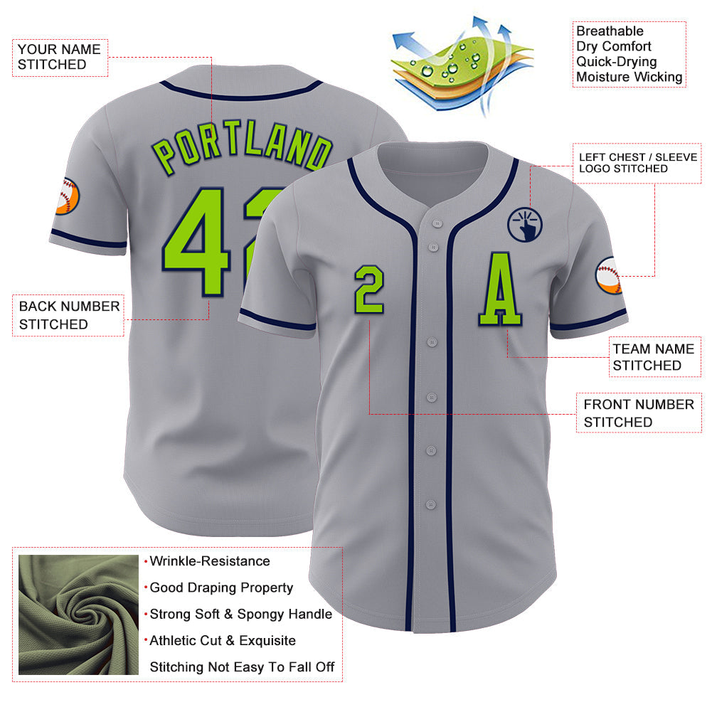 Custom Gray Neon Green-Navy Authentic Baseball Jersey view 2