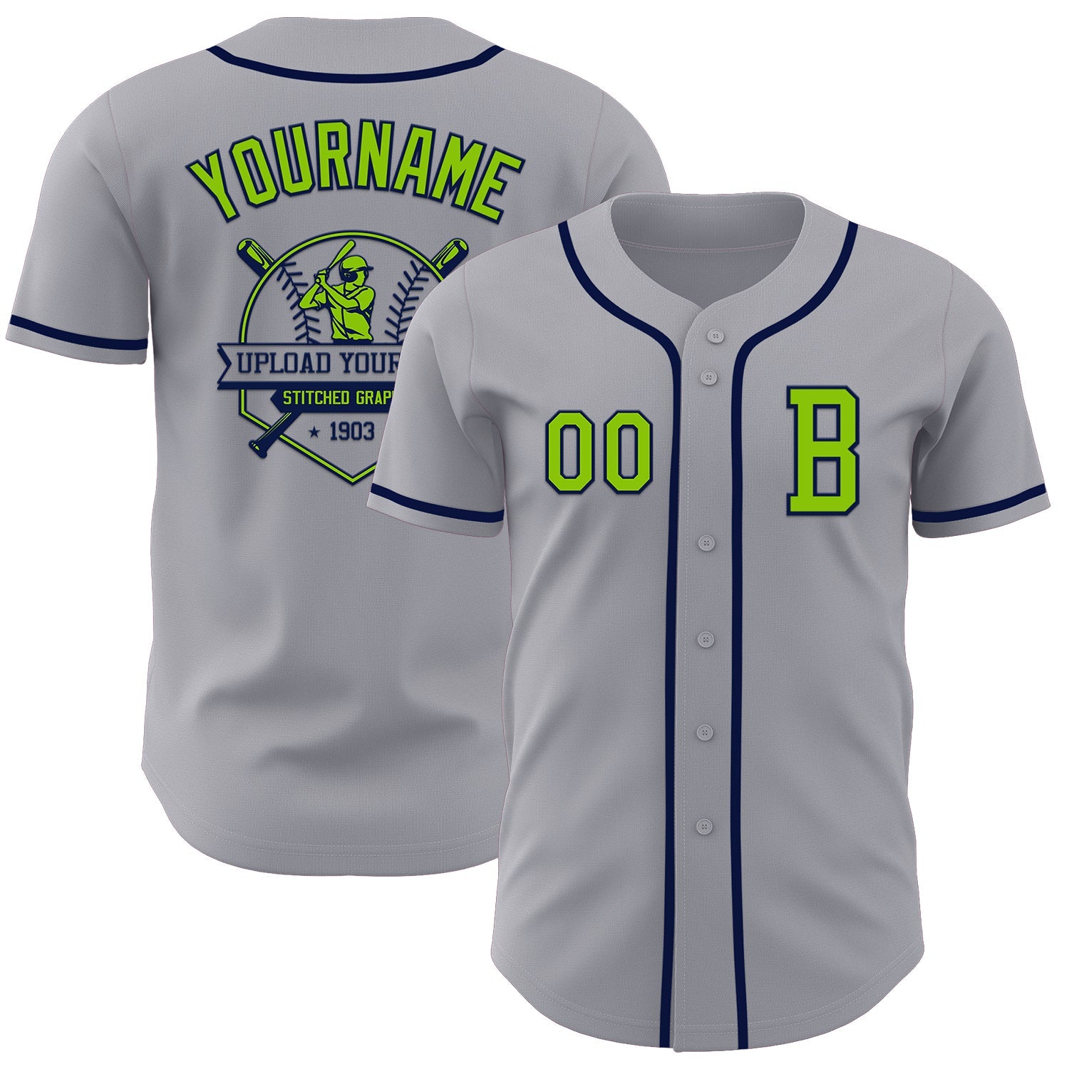 Custom Gray Neon Green-Navy Authentic Baseball Jersey view 5