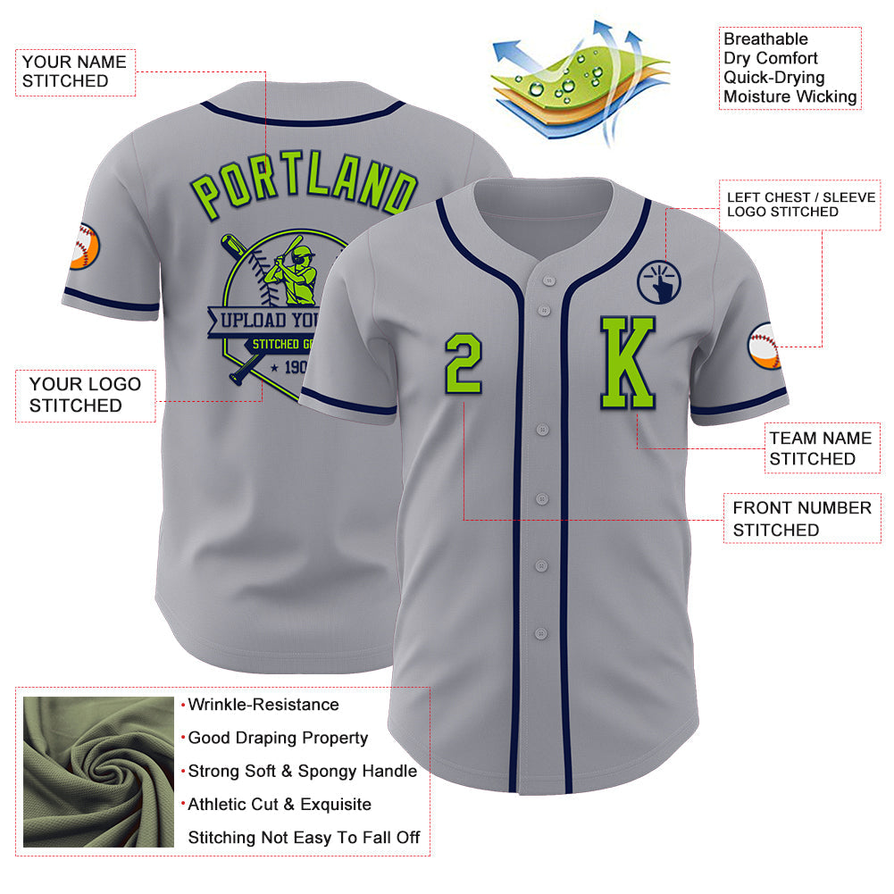 Custom Gray Neon Green-Navy Authentic Baseball Jersey view 6