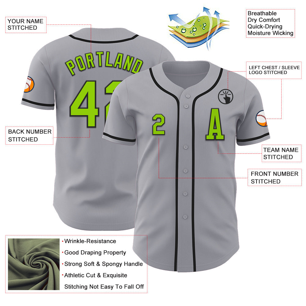Custom Gray Neon Green-Black Authentic Baseball Jersey view 2