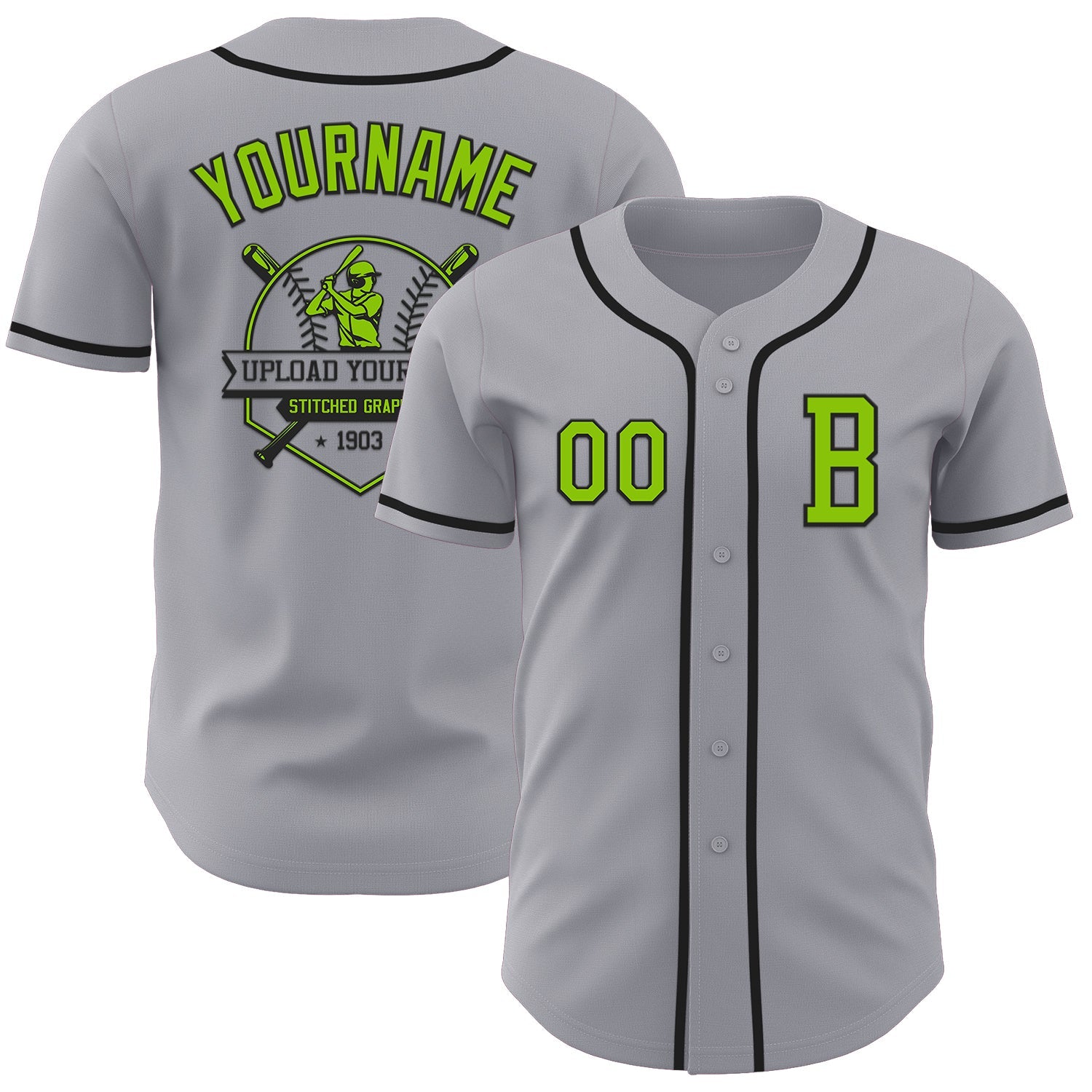 Custom Gray Neon Green-Black Authentic Baseball Jersey view 5