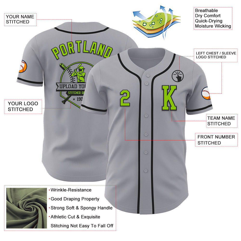 Custom Gray Neon Green-Black Authentic Baseball Jersey view 6