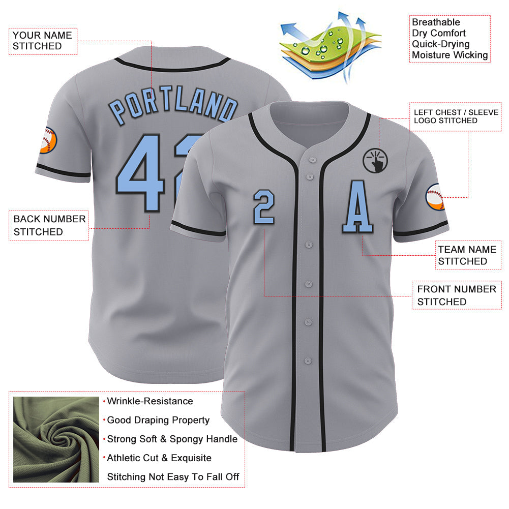 Custom Gray Light Blue-Black Authentic Baseball Jersey view 2