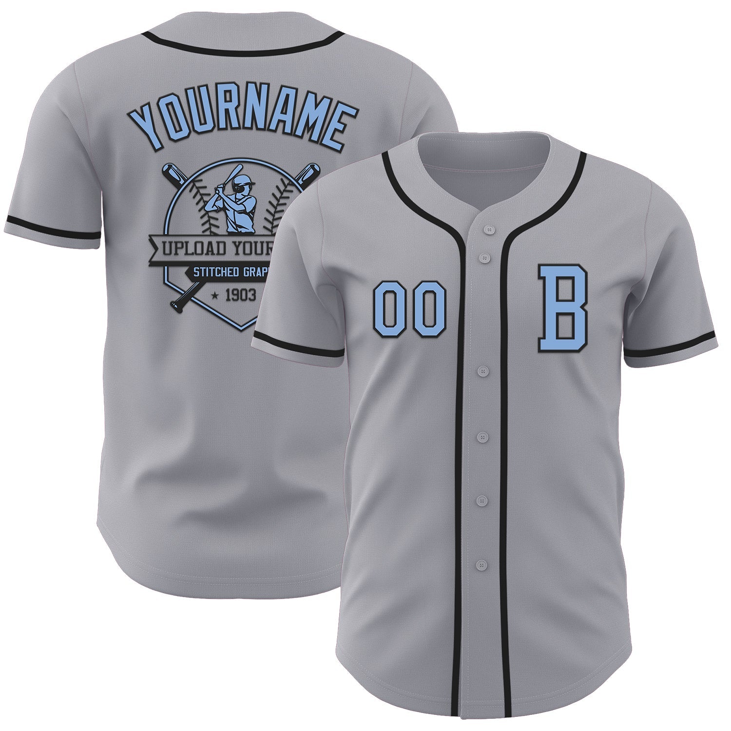 Custom Gray Light Blue-Black Authentic Baseball Jersey view 5