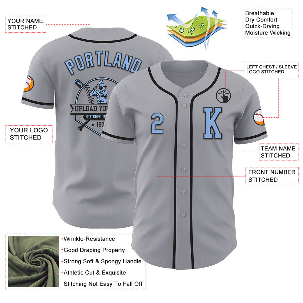 Custom Gray Light Blue-Black Authentic Baseball Jersey view 6