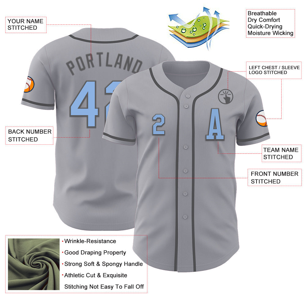 Custom Gray Light Blue-Steel Gray Authentic Baseball Jersey view 2