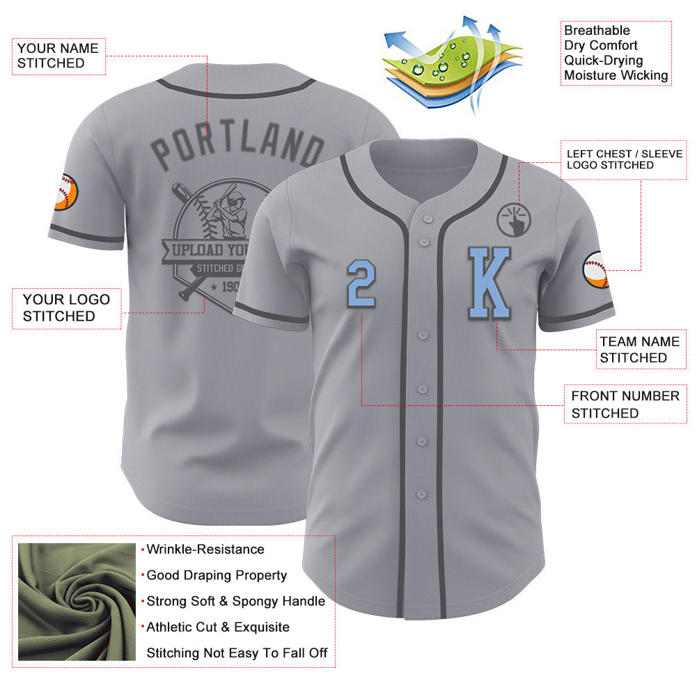 Custom Gray Light Blue-Steel Gray Authentic Baseball Jersey view 6