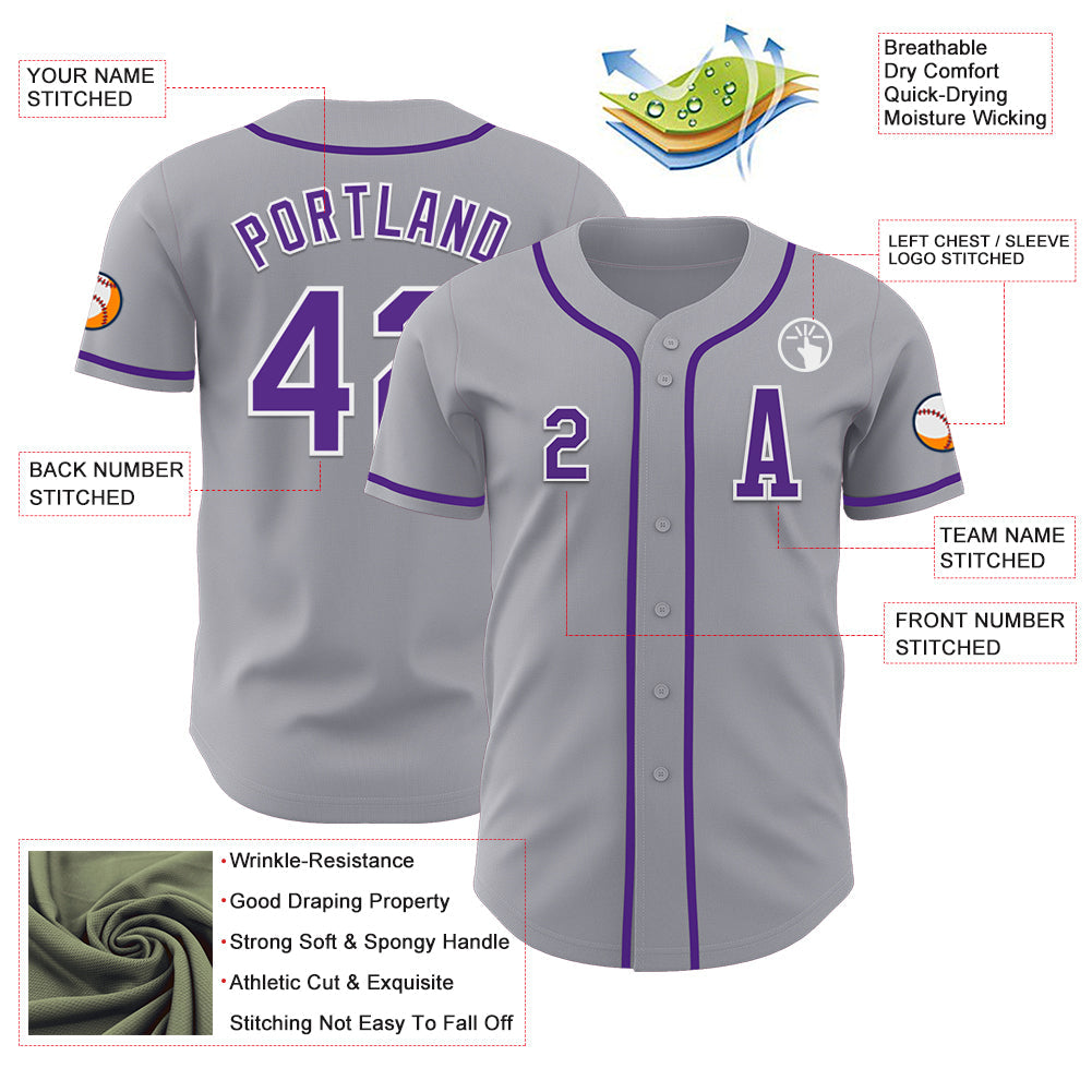 Custom Gray Purple-White Authentic Baseball Jersey view 2