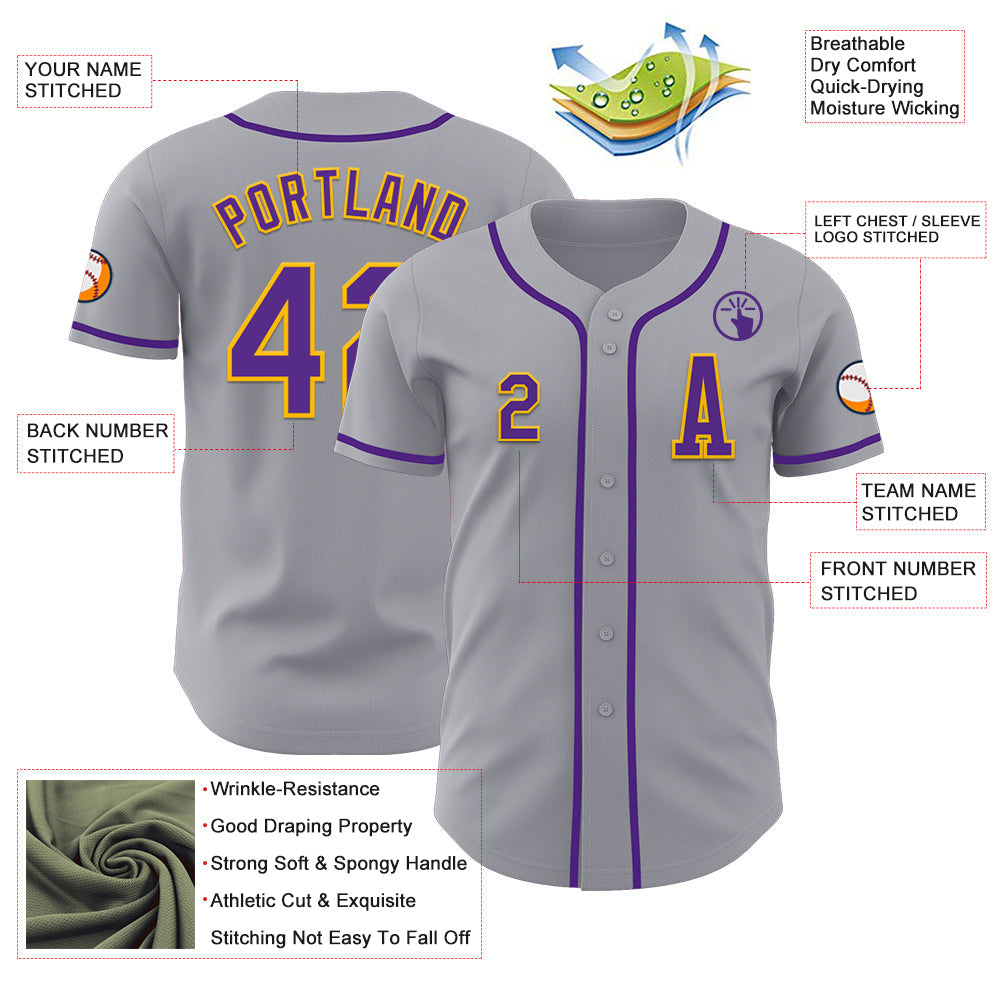 Custom Gray Purple-Gold Authentic Baseball Jersey view 2