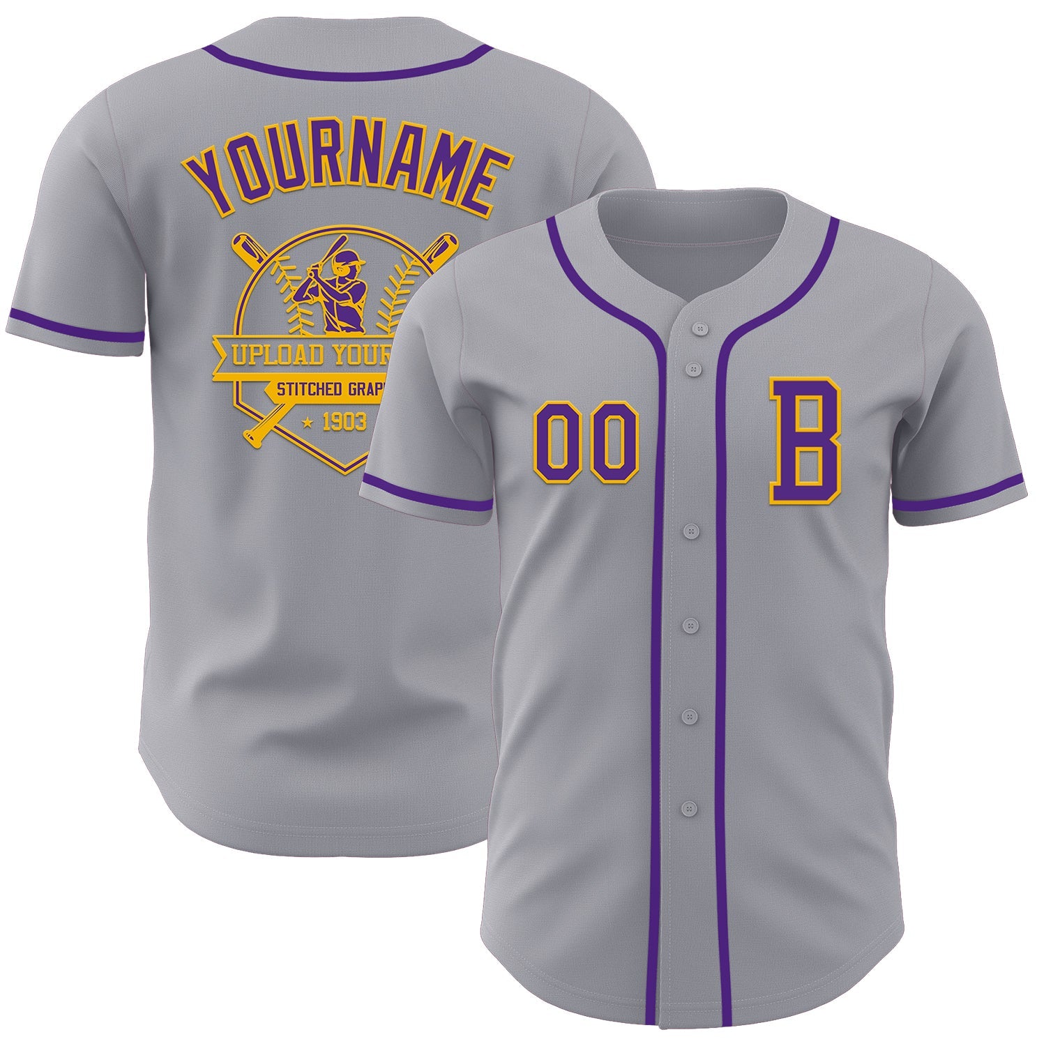 Custom Gray Purple-Gold Authentic Baseball Jersey view 5