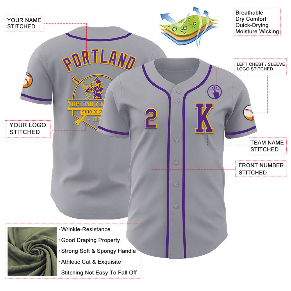 Custom Gray Purple-Gold Authentic Baseball Jersey view 6