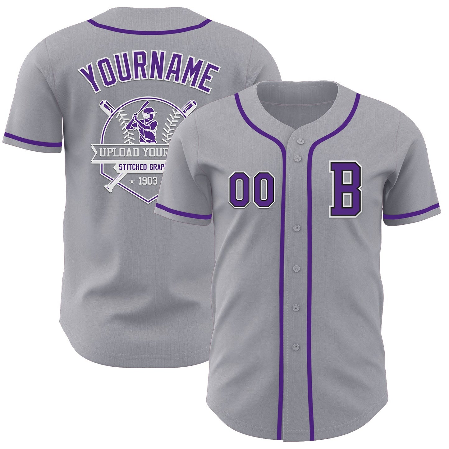 Custom Gray Purple-Black Authentic Baseball Jersey view 5