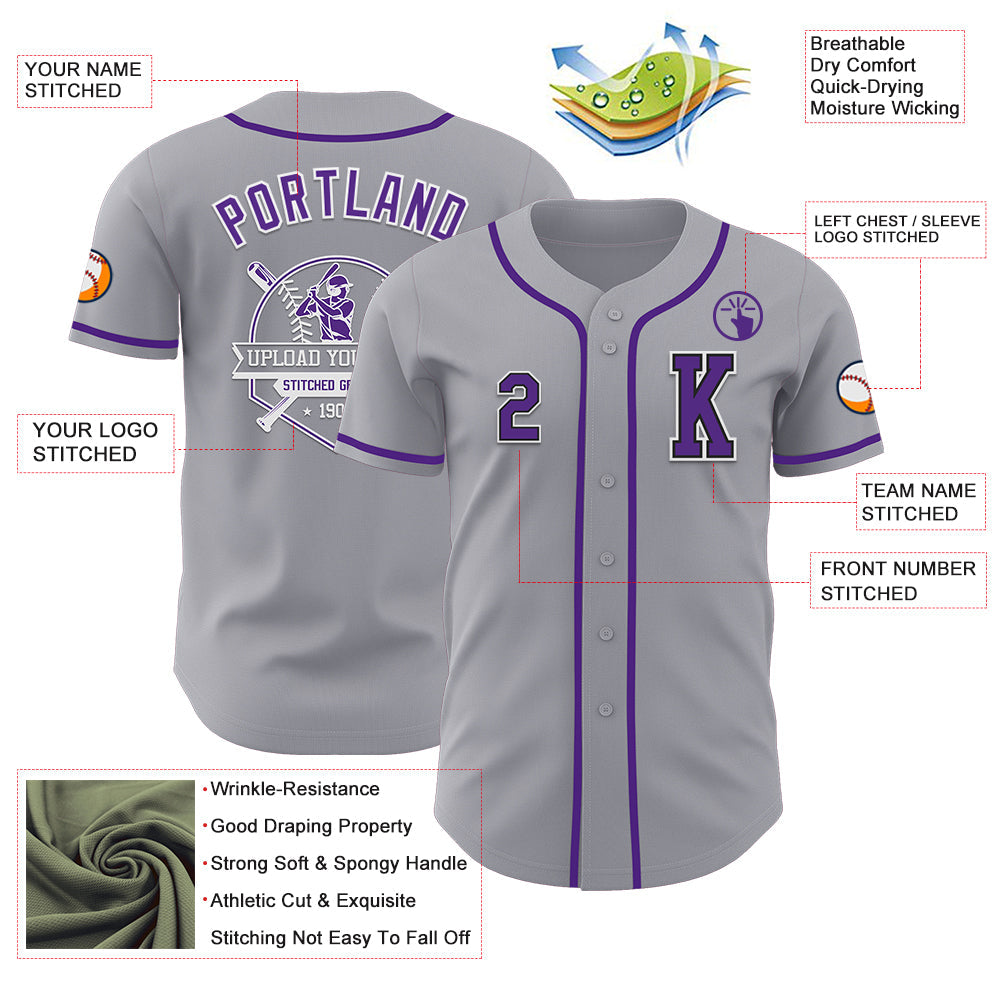 Custom Gray Purple-Black Authentic Baseball Jersey view 6