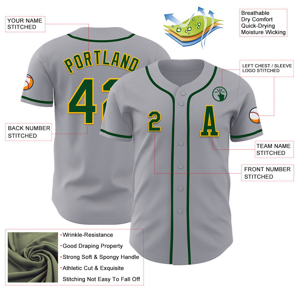 Custom Gray Green-Gold Authentic Baseball Jersey view 2