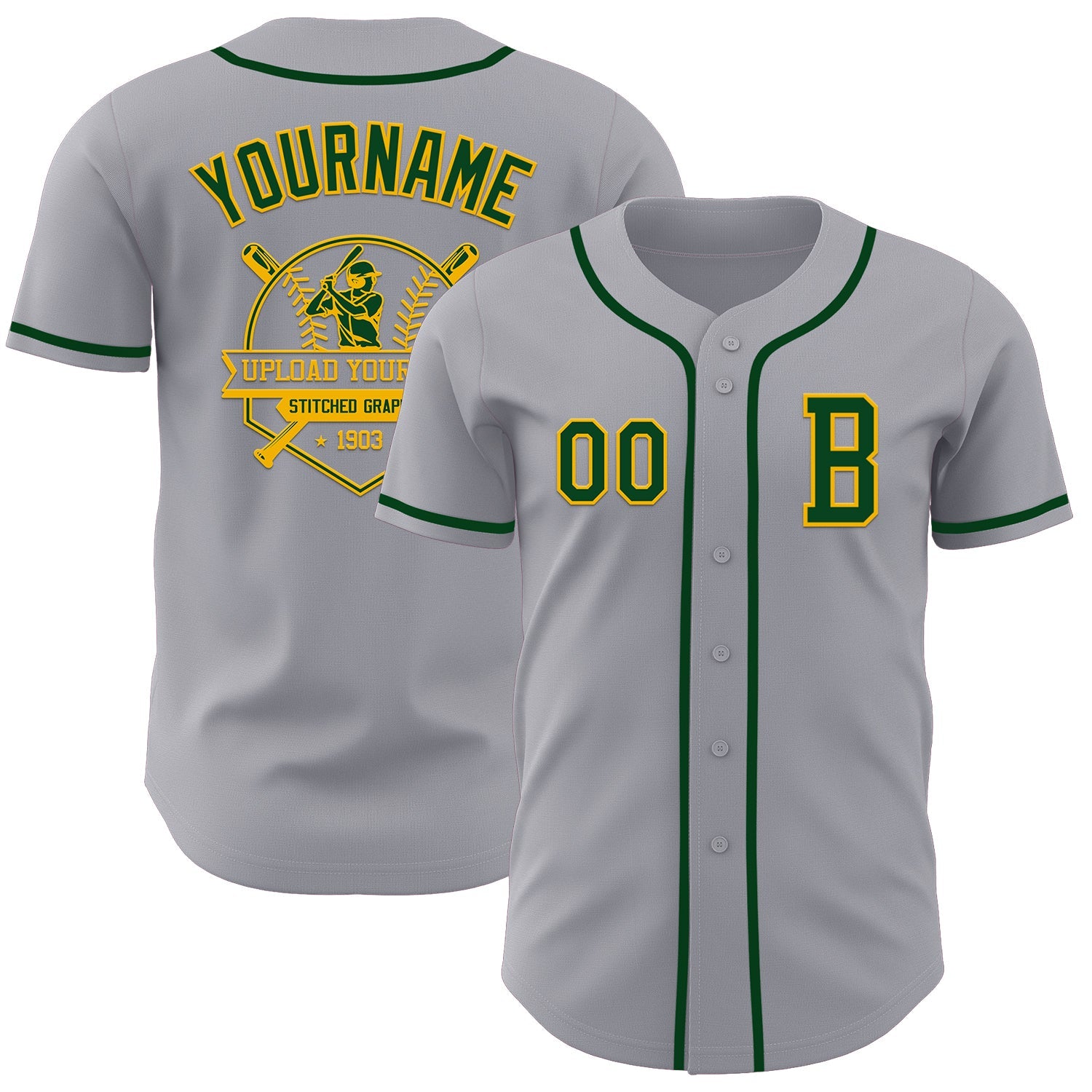 Custom Gray Green-Gold Authentic Baseball Jersey view 5