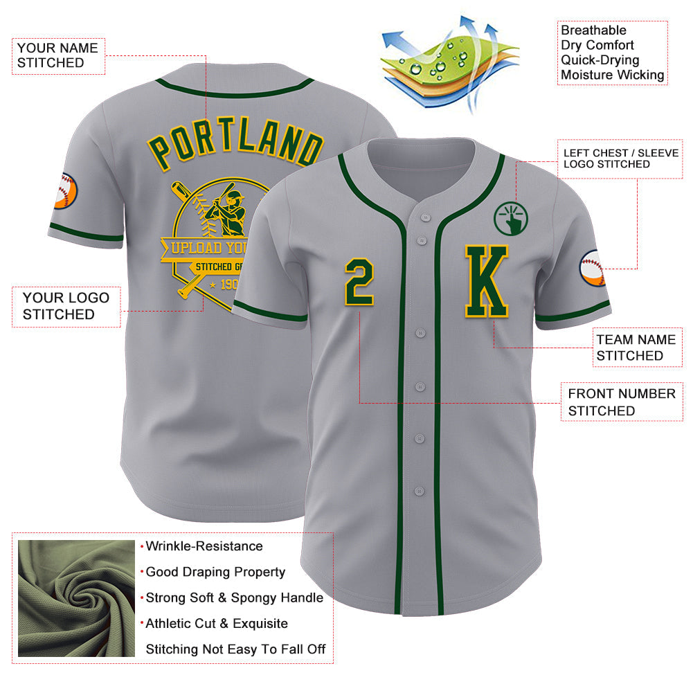 Custom Gray Green-Gold Authentic Baseball Jersey view 6