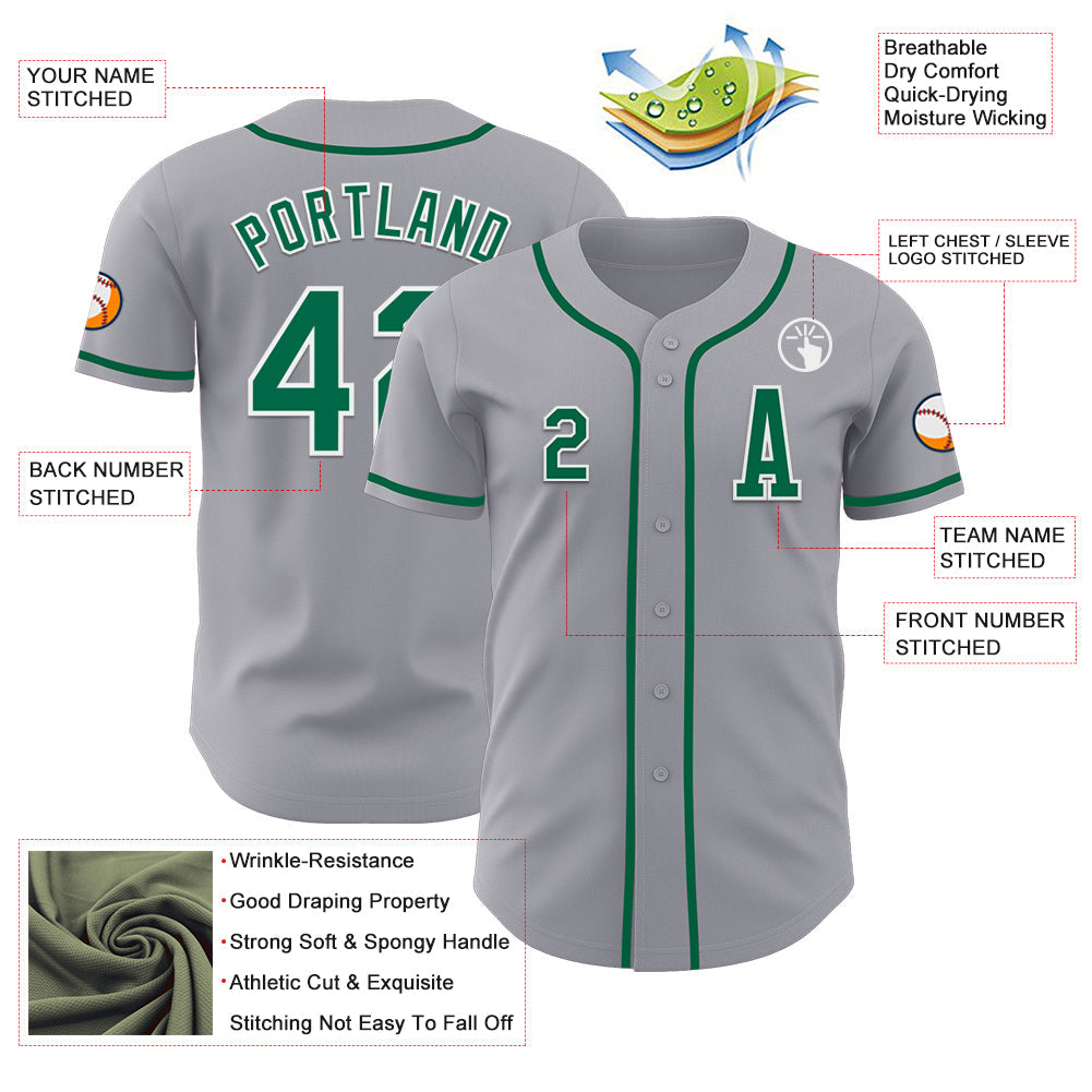 Custom Gray Kelly Green-White Authentic Baseball Jersey view 2