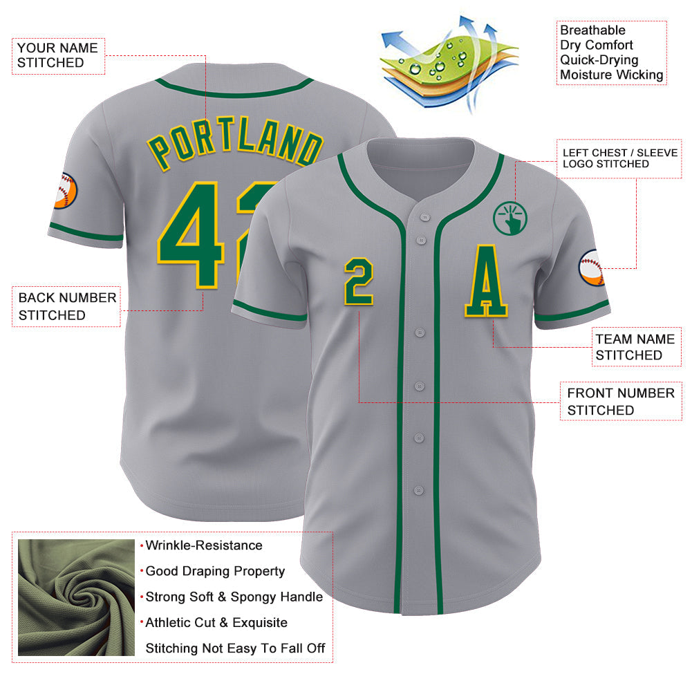 Custom Gray Kelly Green-Gold Authentic Baseball Jersey view 2