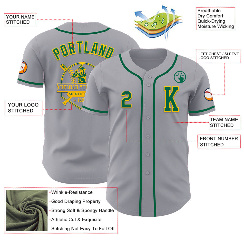 Custom Gray Kelly Green-Gold Authentic Baseball Jersey view 6