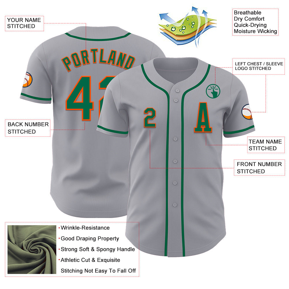 Custom Gray Kelly Green-Orange Authentic Baseball Jersey view 2