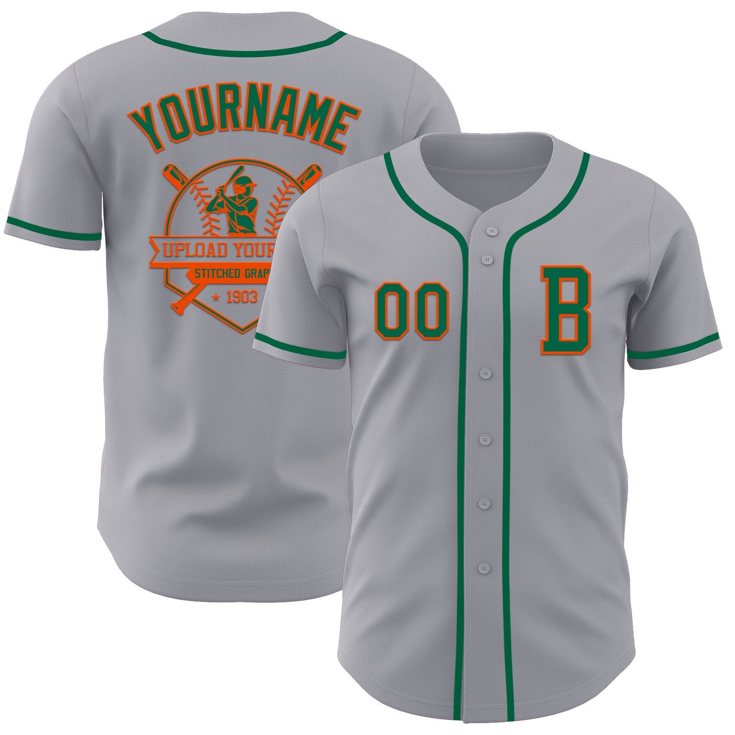Custom Gray Kelly Green-Orange Authentic Baseball Jersey view 5