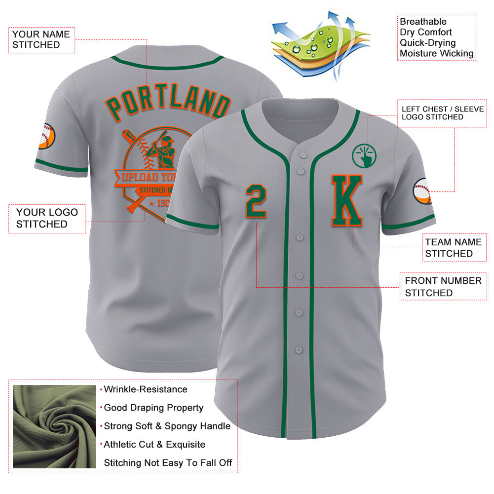 Custom Gray Kelly Green-Orange Authentic Baseball Jersey view 6