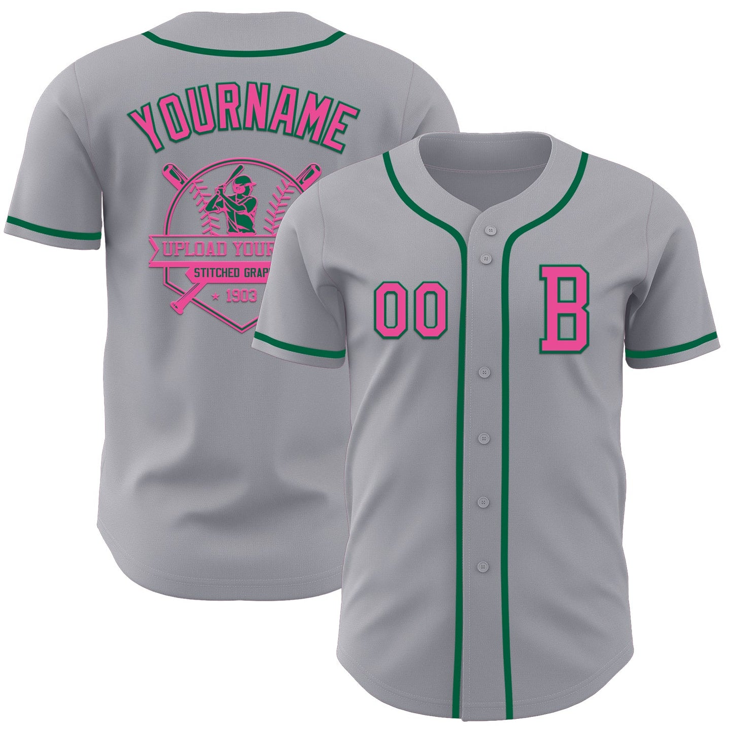 Custom Gray Pink-Kelly Green Authentic Baseball Jersey view 5