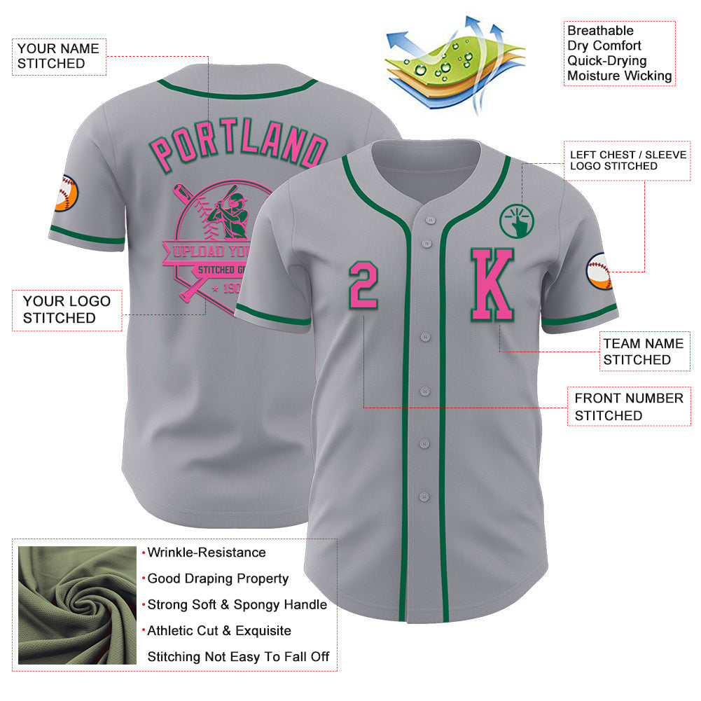 Custom Gray Pink-Kelly Green Authentic Baseball Jersey view 6
