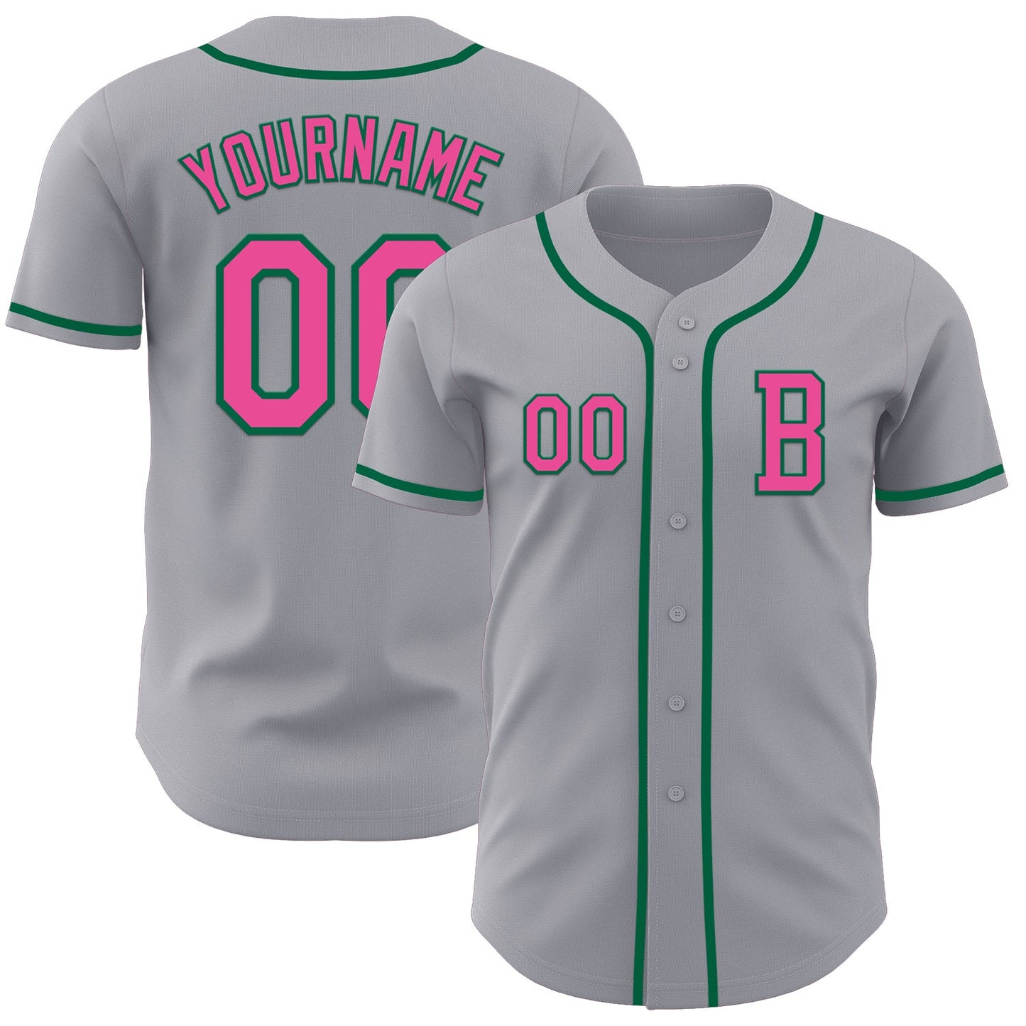 Custom Gray Pink-Kelly Green Authentic Baseball Jersey - Main View