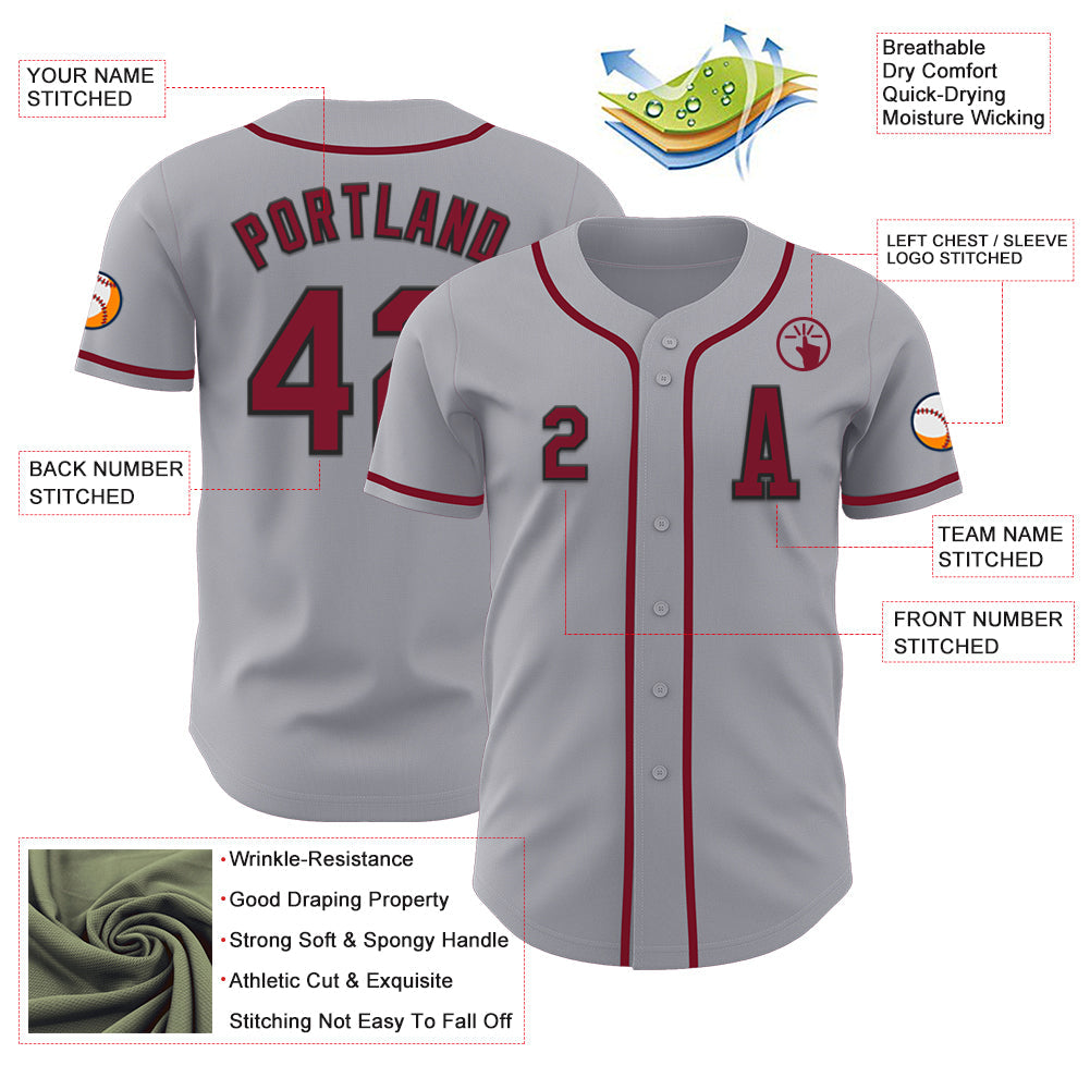 Custom Gray Crimson-Black Authentic Baseball Jersey view 2