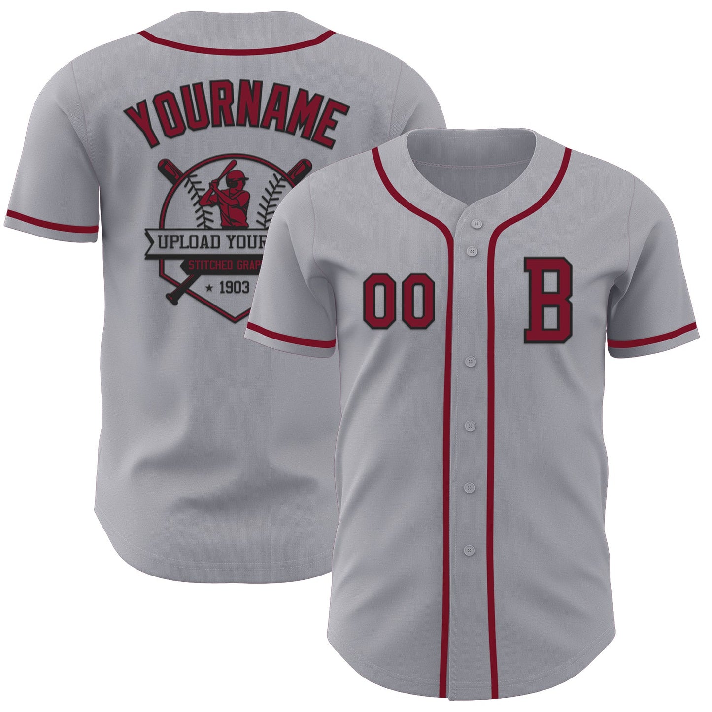 Custom Gray Crimson-Black Authentic Baseball Jersey view 5