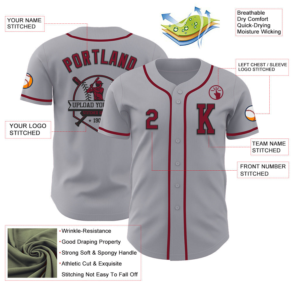 Custom Gray Crimson-Black Authentic Baseball Jersey view 6