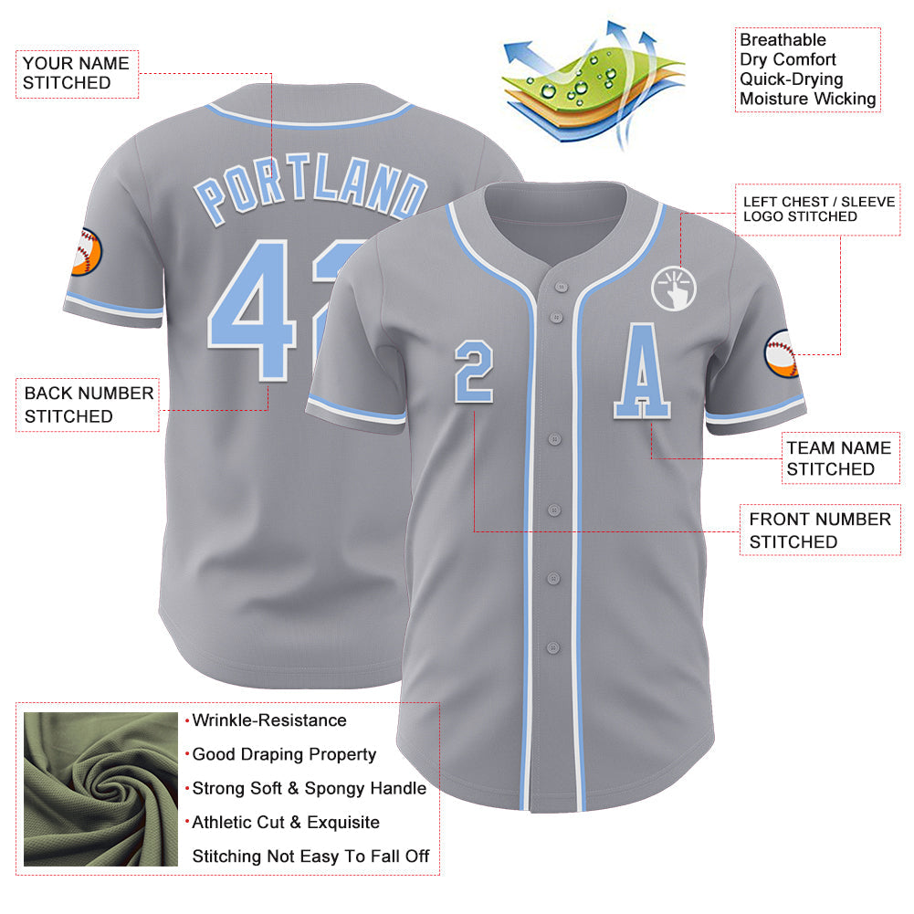 Custom Gray Light Blue-White Authentic Baseball Jersey view 2