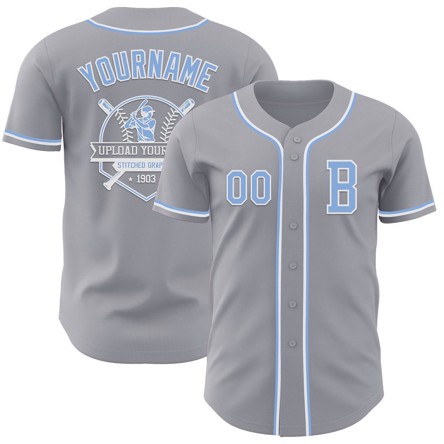 Custom Gray Light Blue-White Authentic Baseball Jersey view 5