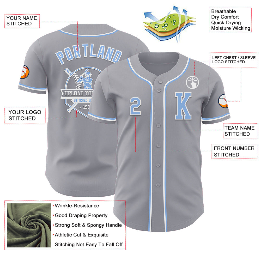 Custom Gray Light Blue-White Authentic Baseball Jersey view 6