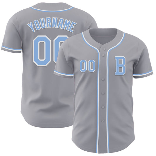 Custom Gray Light Blue-White Authentic Baseball Jersey - Main View