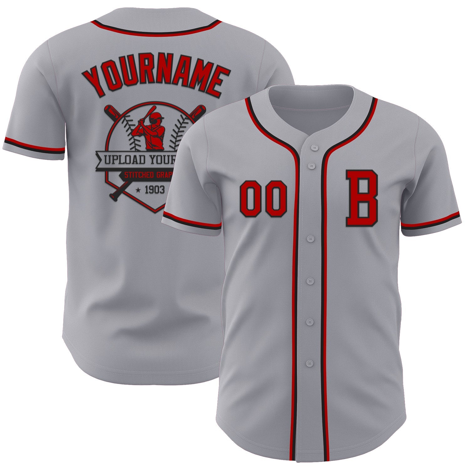 Custom Gray Red-Black Authentic Baseball Jersey view 5