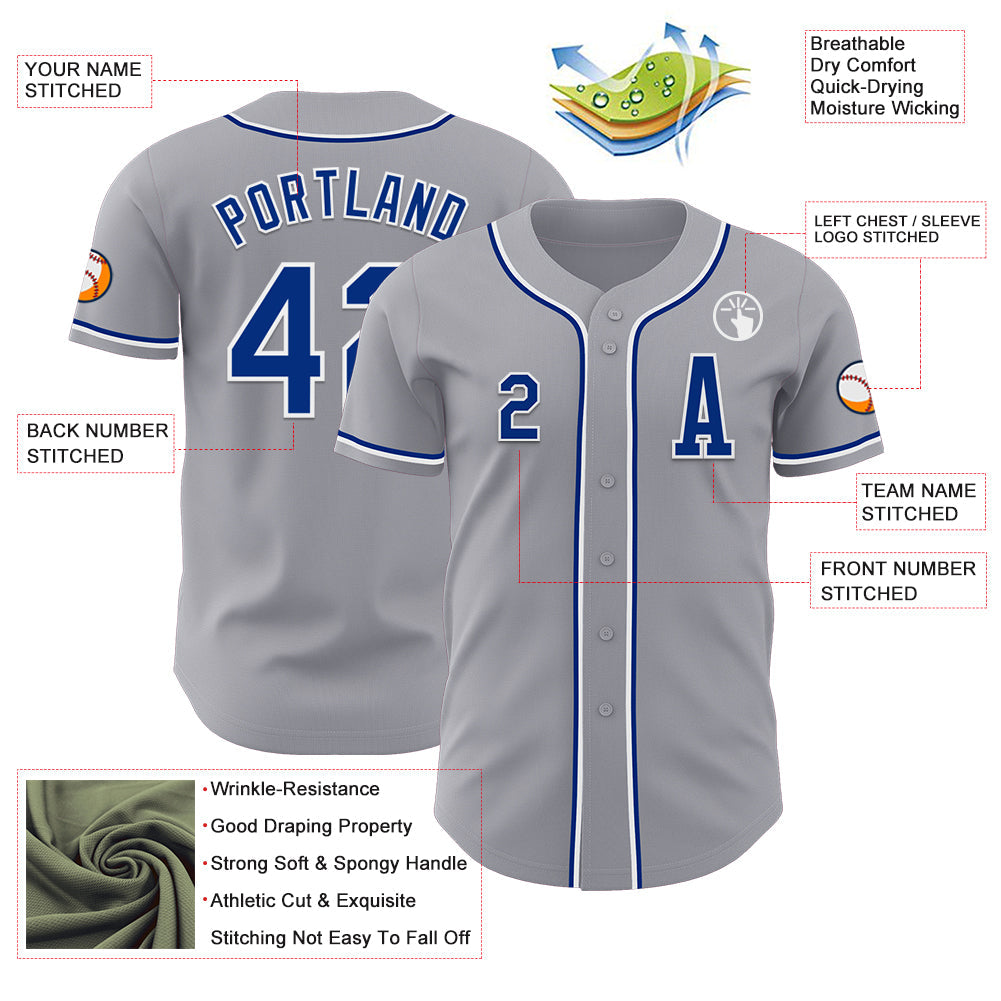 Custom Gray Royal-White Authentic Baseball Jersey view 2