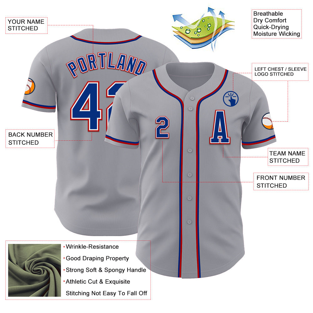 Custom Gray Royal-Red Authentic Baseball Jersey view 2