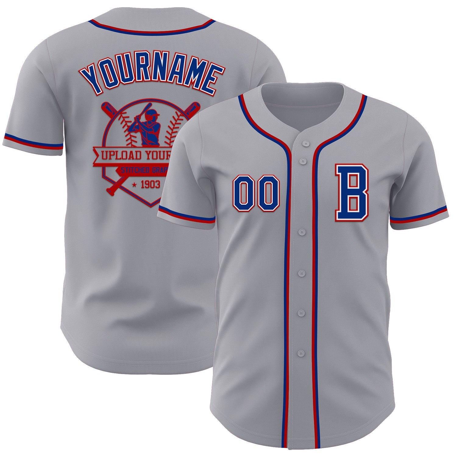 Custom Gray Royal-Red Authentic Baseball Jersey view 5