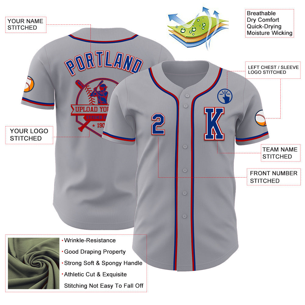 Custom Gray Royal-Red Authentic Baseball Jersey view 6