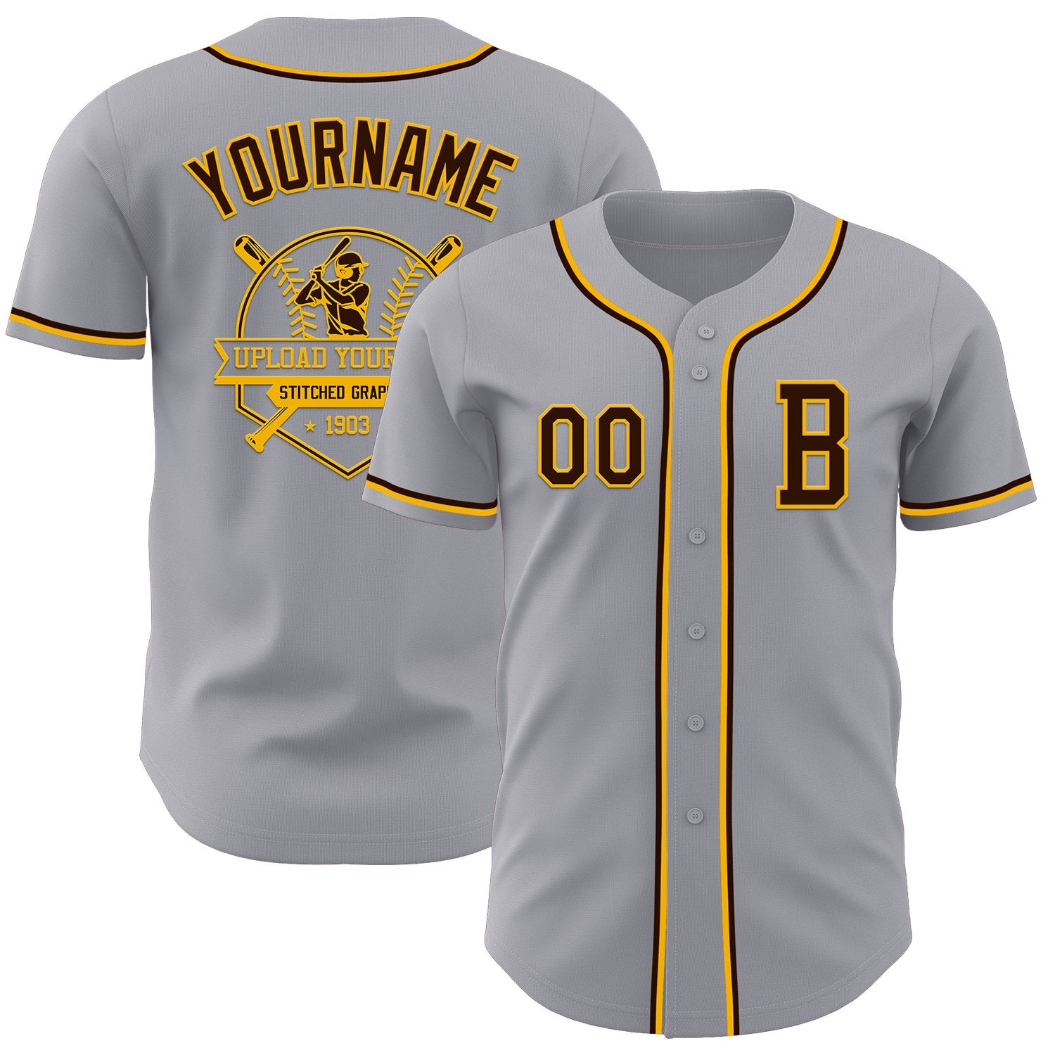Custom Gray Brown-Gold Authentic Baseball Jersey view 5