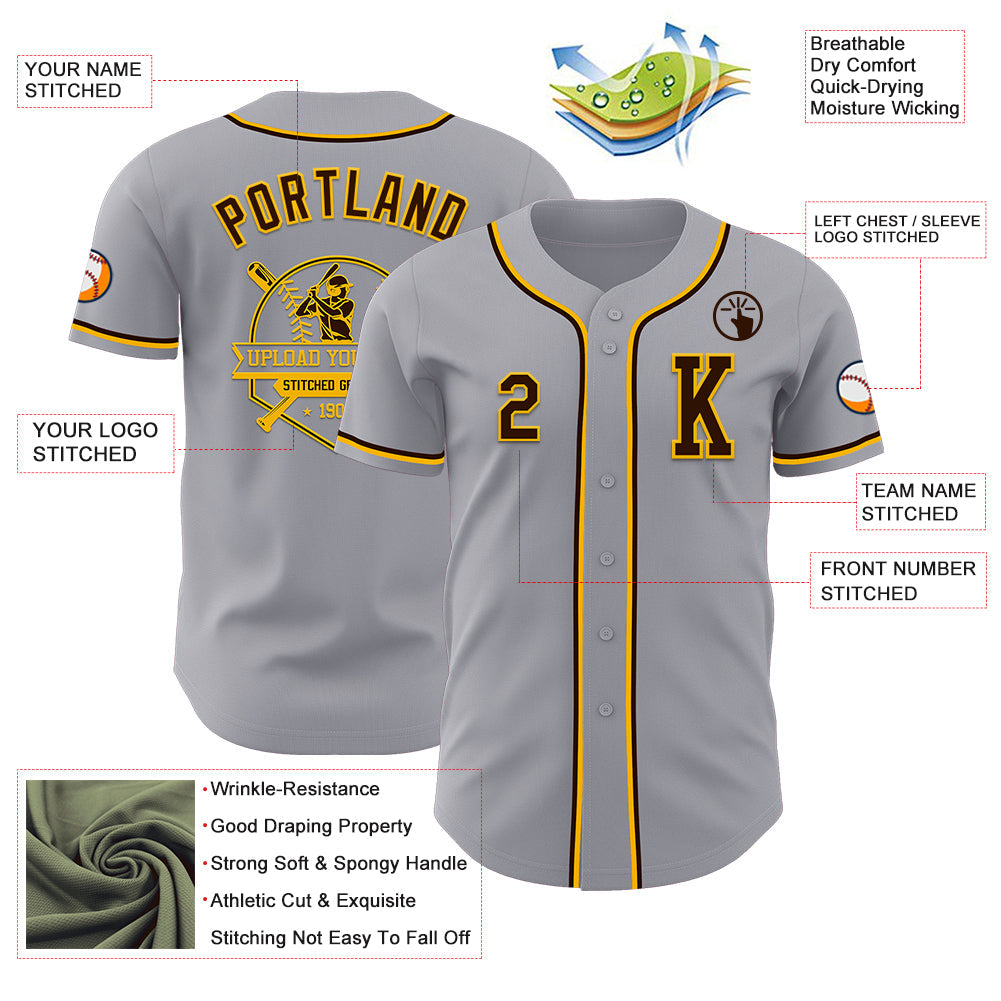 Custom Gray Brown-Gold Authentic Baseball Jersey view 6