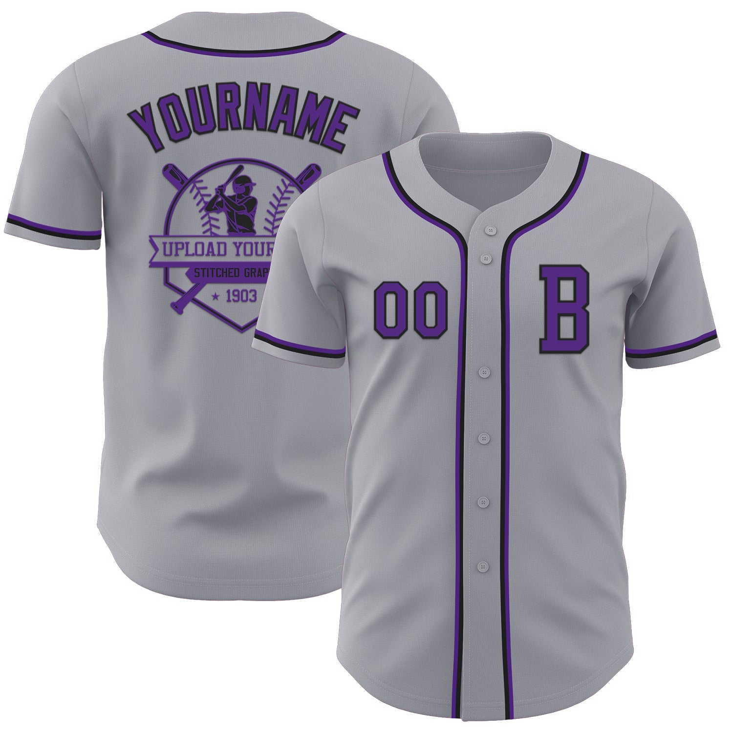 Custom Gray Purple-Black Authentic Baseball Jersey view 5