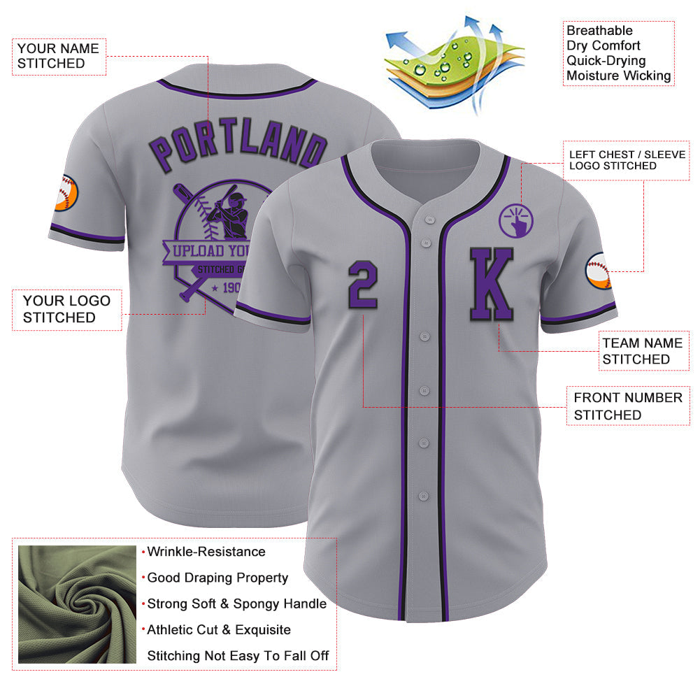 Custom Gray Purple-Black Authentic Baseball Jersey view 6