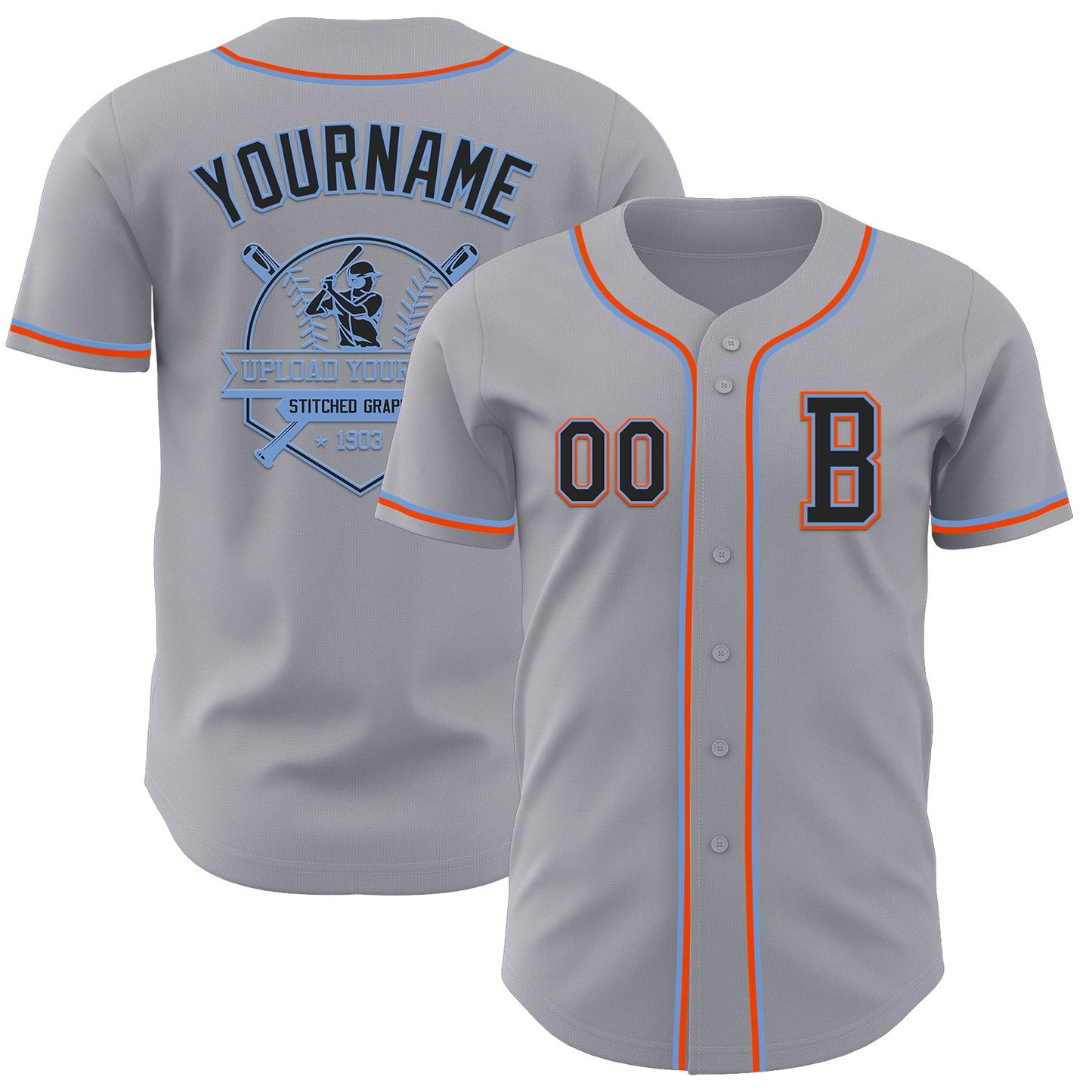 Custom Gray Black Powder Blue-Orange Authentic Baseball Jersey view 5