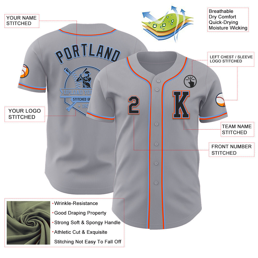 Custom Gray Black Powder Blue-Orange Authentic Baseball Jersey view 6