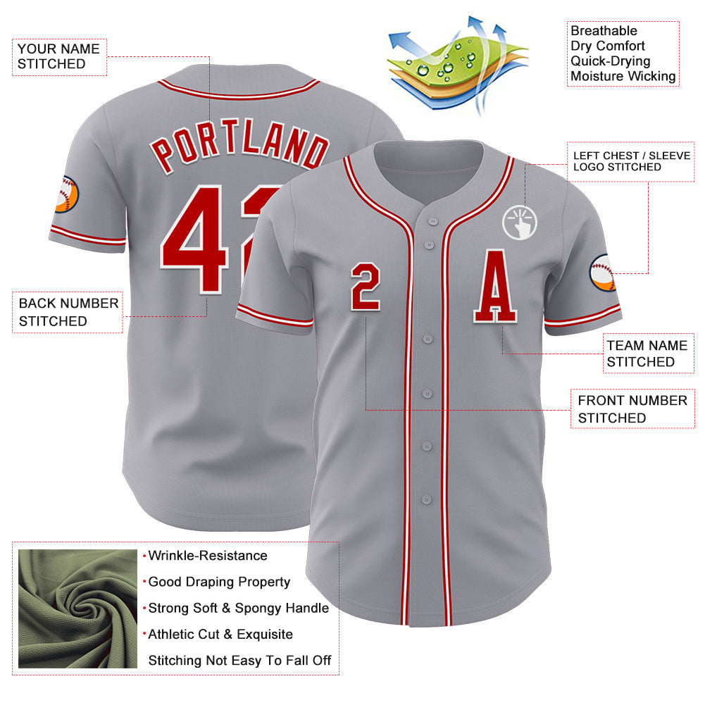Custom Gray Red-White Authentic Baseball Jersey view 2