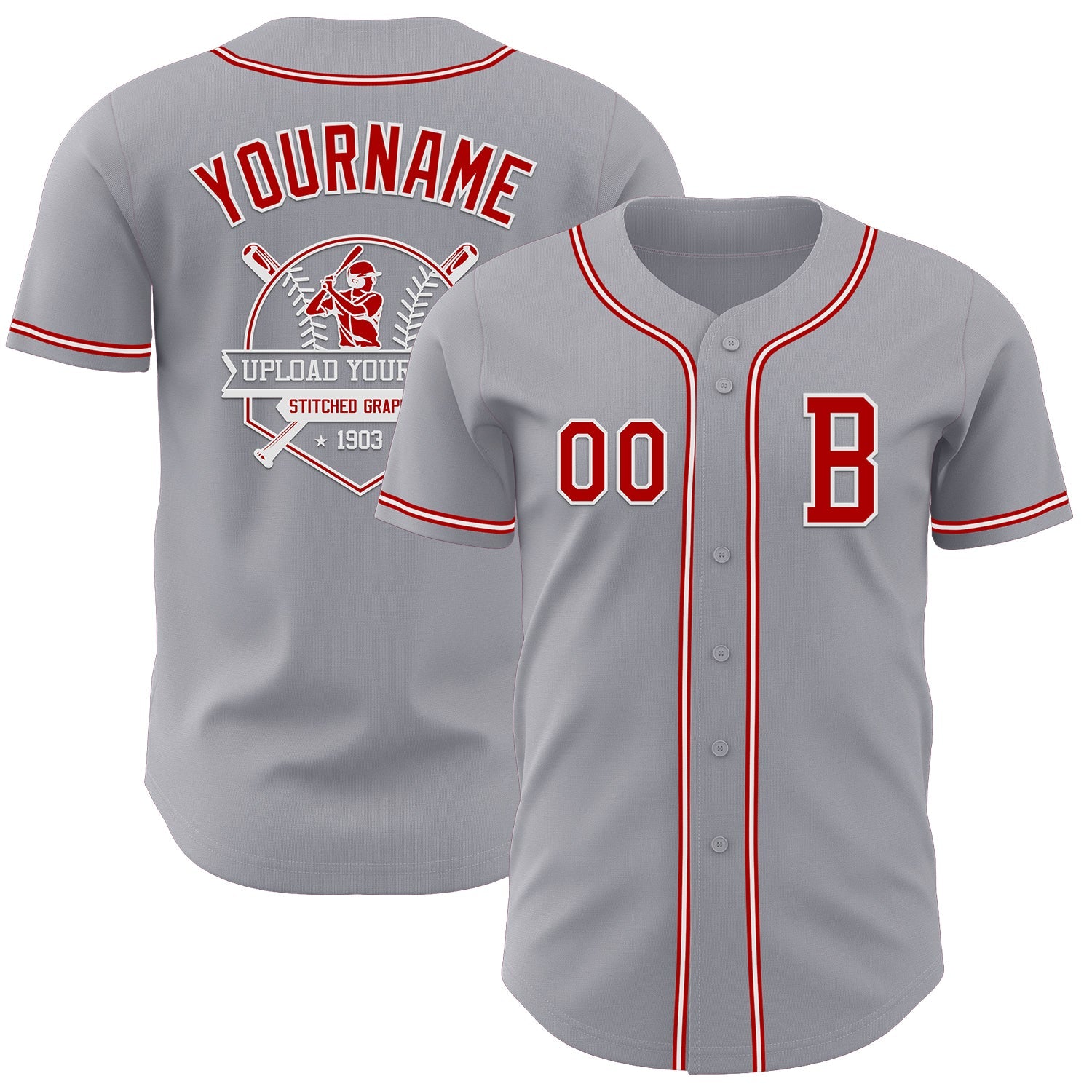 Custom Gray Red-White Authentic Baseball Jersey view 5
